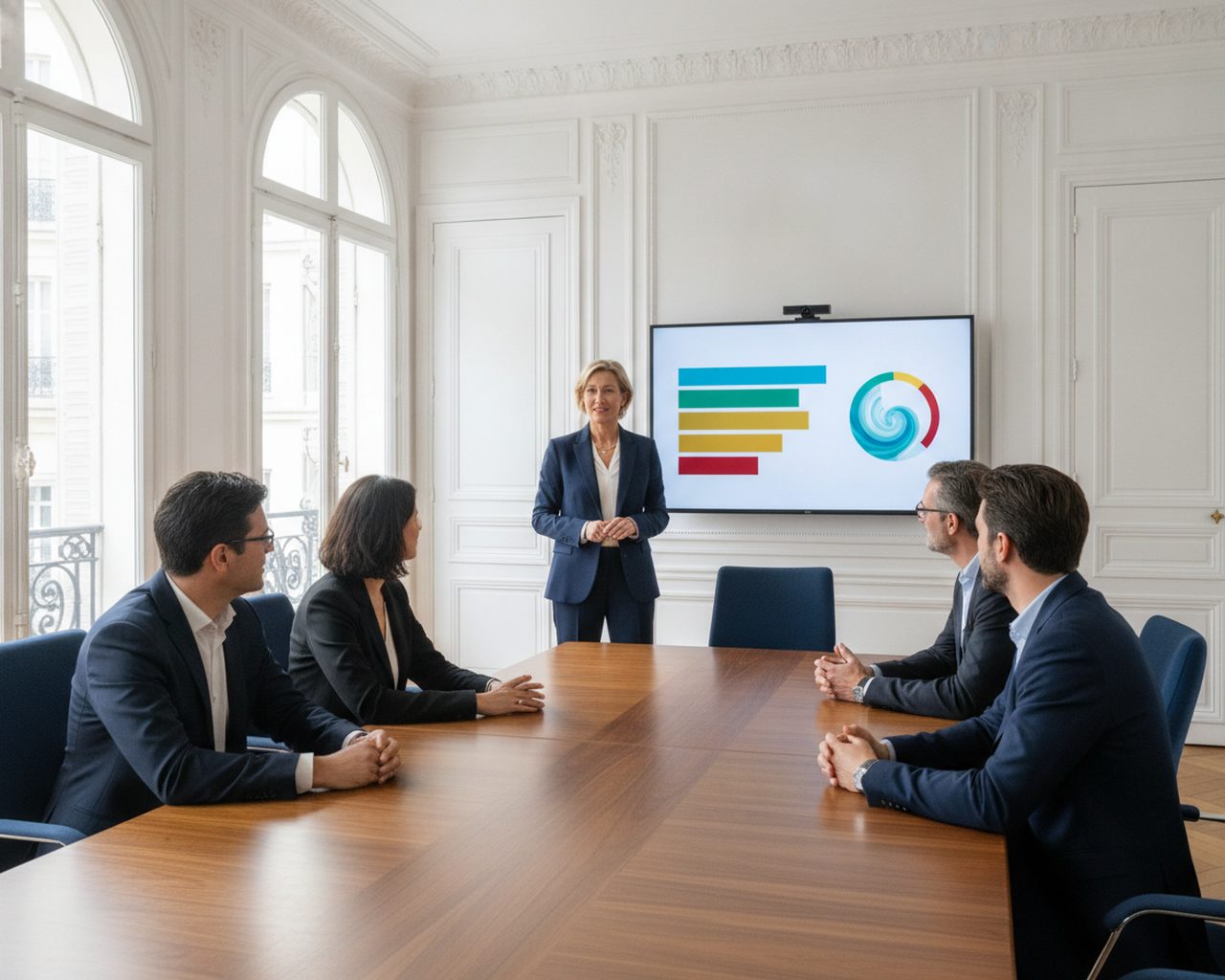 Consultante présentant un tableau de suivi de la performance à des managers