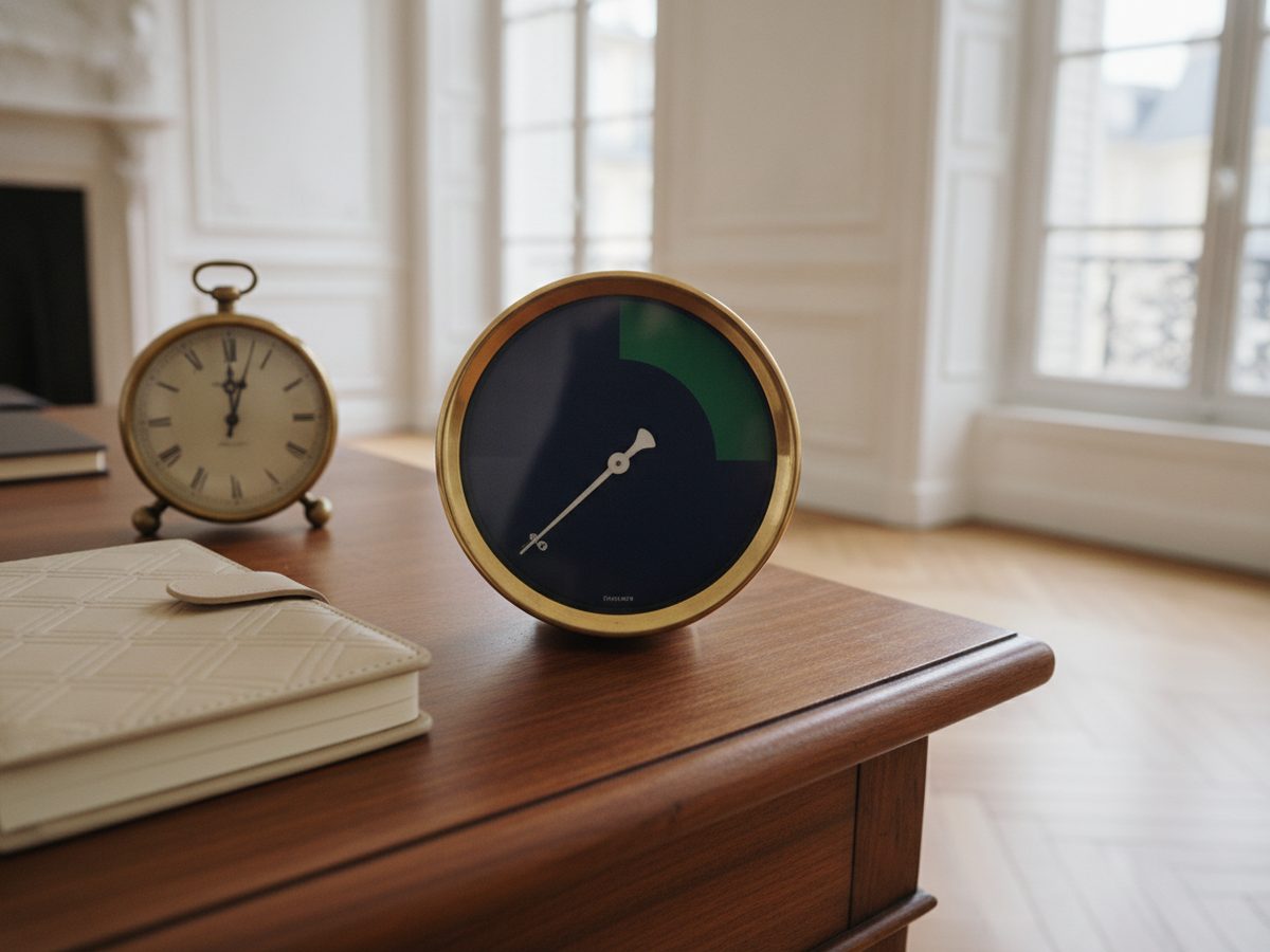 Un cadran de mesure posé sur un bureau, symbole du point d’étape trimestriel