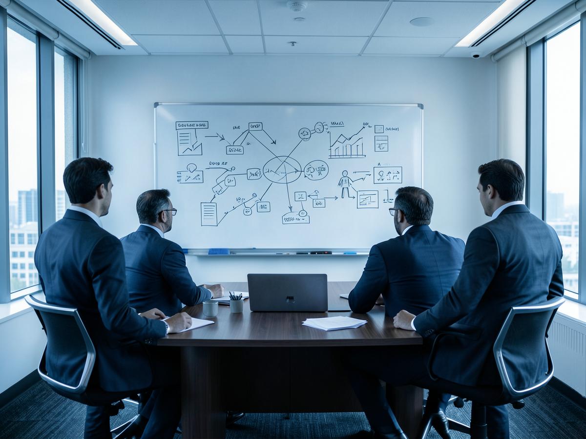 Réunion de consultants en stratégie devant un tableau de travail
