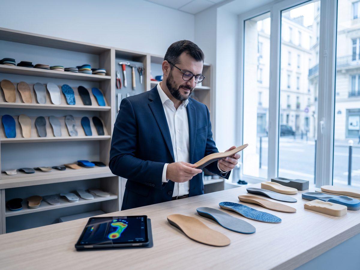 Podologue examinant une semelle orthopédique sur mesure dans son atelier