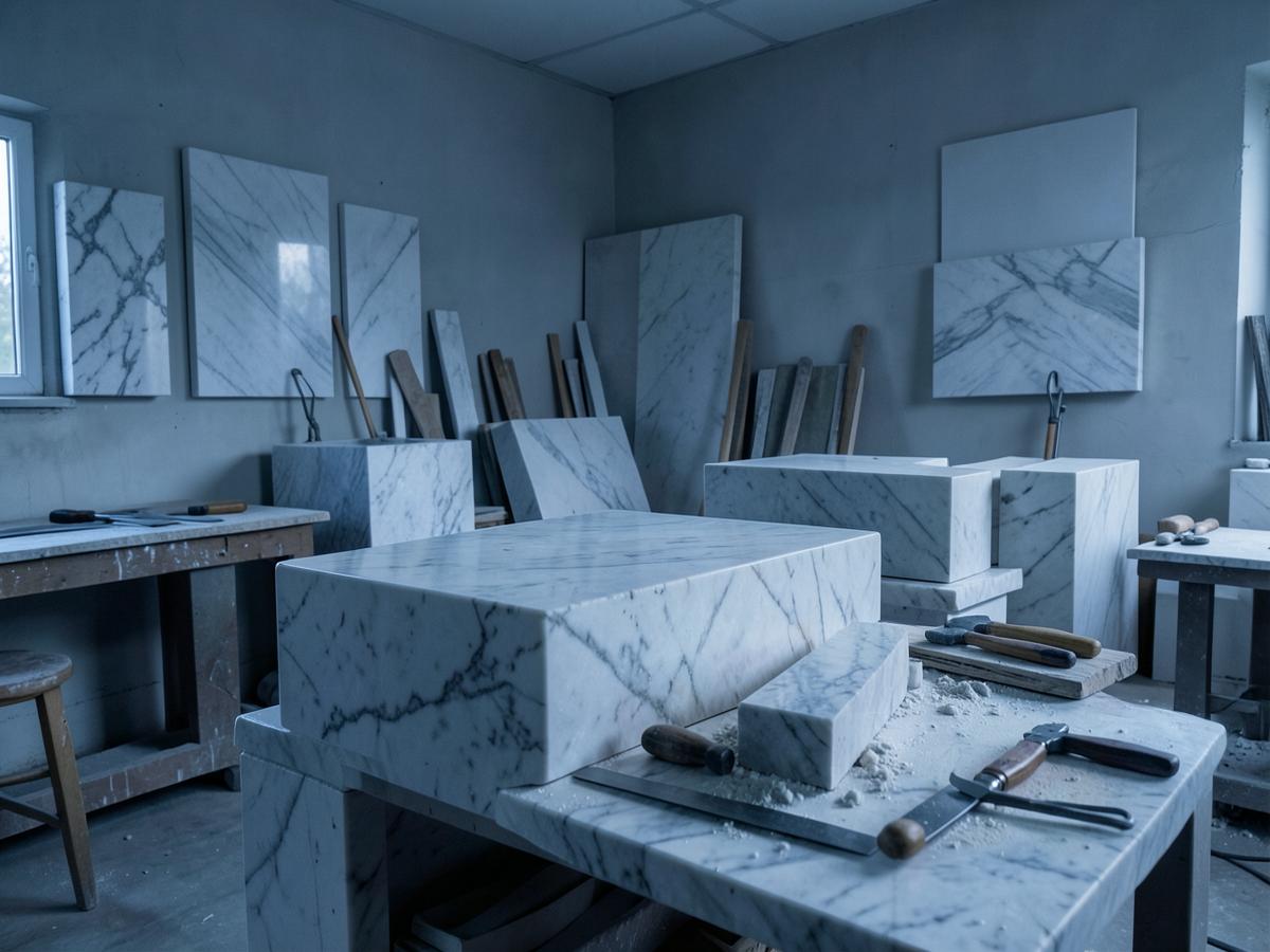 Atelier de marbrerie et blocs de pierre polie